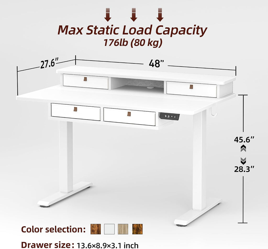 TIQLAB 48 * 28 Inch Standing Desk with Four Drawers, Electric Sit Stand Table, Stand Up Desk Adjustable Height with Storage Shelf, Splice Board, White