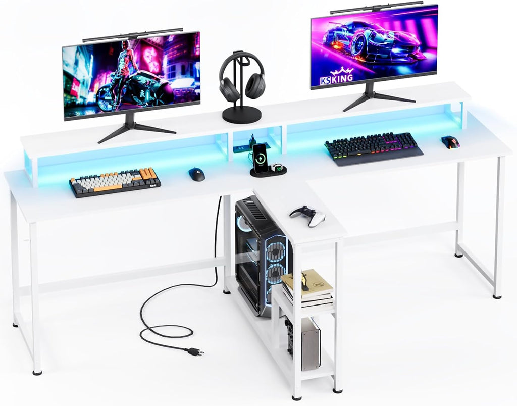 MUTUN 83.7' Two Person Gaming Desk, Long Computer Office Desk with Charging Station and LED Lights, Double Desks with Monitor Stand and Shelves, Study Writing Table Workstation for Home Office, White