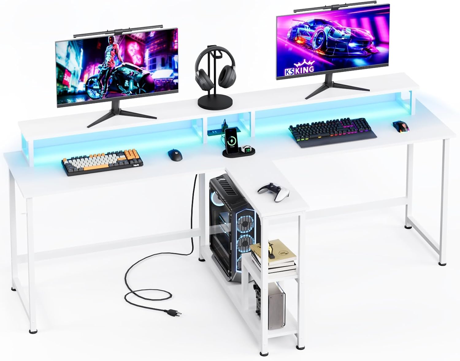 MUTUN 83.7' Two Person Gaming Desk, Long Computer Office Desk with Charging Station and LED Lights, Double Desks with Monitor Stand and Shelves, Study Writing Table Workstation for Home Office, White