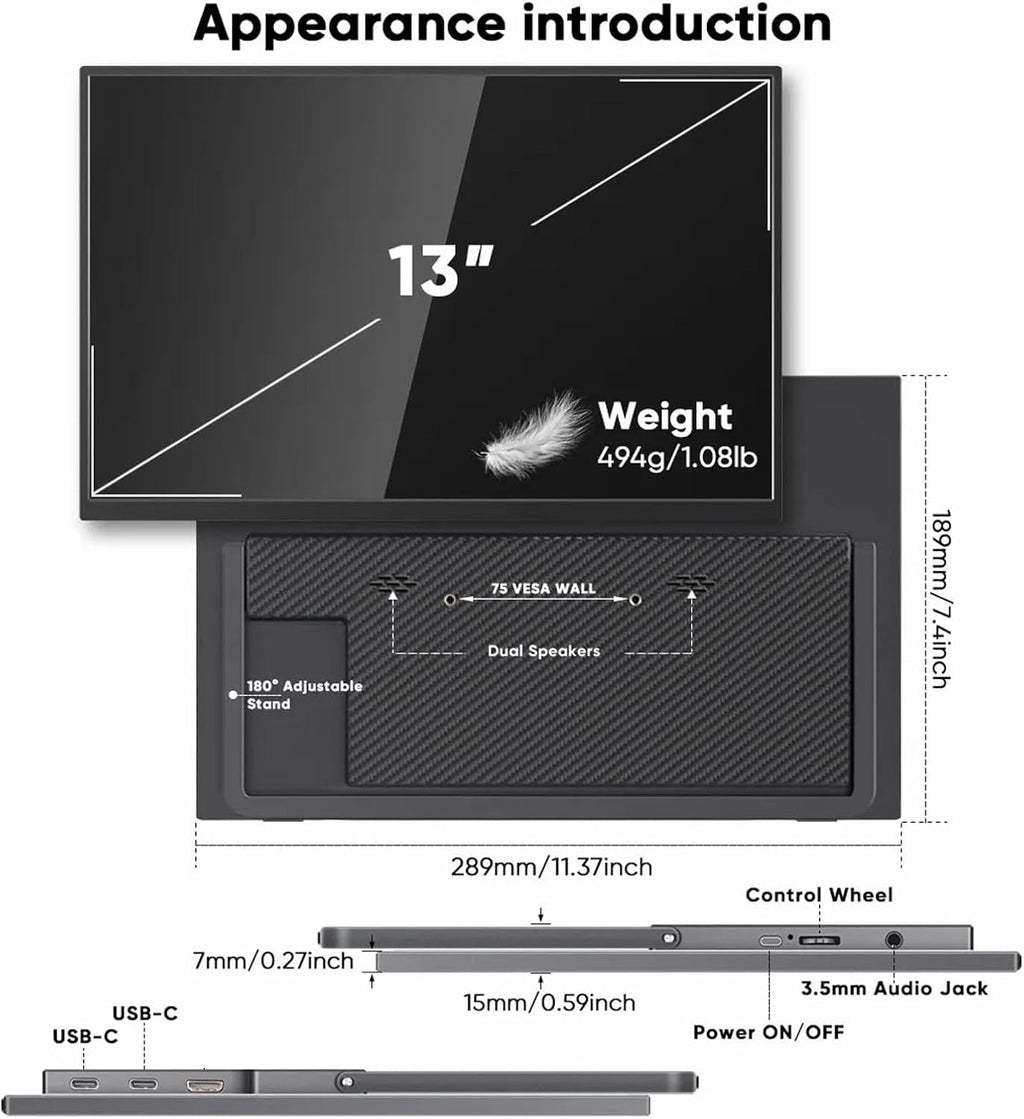 flexman 13.3 Portable Monitor, 2560 X 1600 HD 16: 10 2K External Display with Stand, 300 Nits 178° Viewing Angle IPS Screen for Laptop Phone Mac Game Console Switch