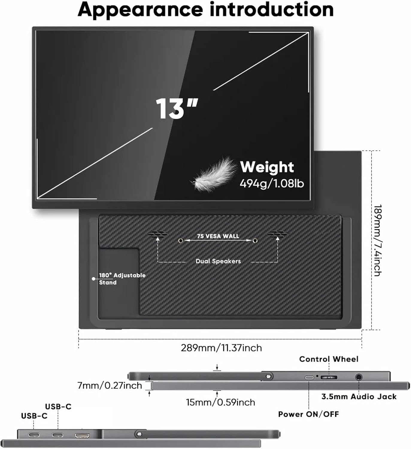 flexman 13.3 Portable Monitor, 2560 X 1600 HD 16: 10 2K External Display with Stand, 300 Nits 178° Viewing Angle IPS Screen for Laptop Phone Mac Game Console Switch