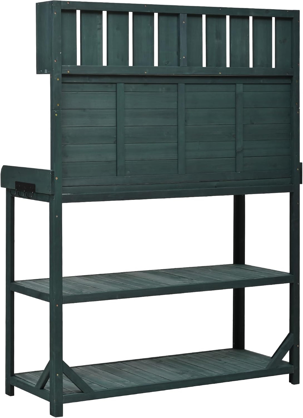 Outdoor Potting Bench Table with Storage, Farmhouse Wood Garden Tables with Storage Shelves and Side Hooks, Potting Tables for Outside, Patio, Backyard, Easy Assembly, Dark Green