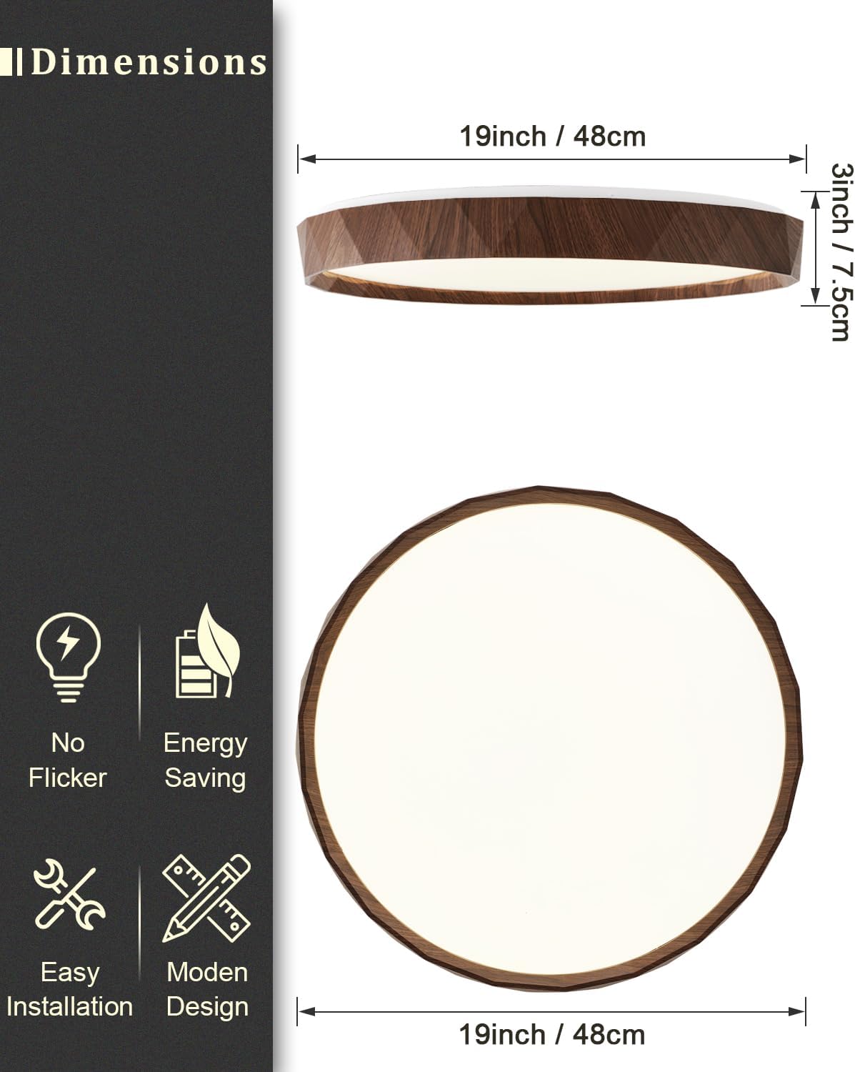 ANYLOVE 19 inch LED Flush Mount Ceiling Light Fixture,3000K 4000K 5000K Adjustable Ceiling Lights, Farmhouse Walnut Wood Grain Ceiling Light for Bedroom Hallway Bathroom Kitchen