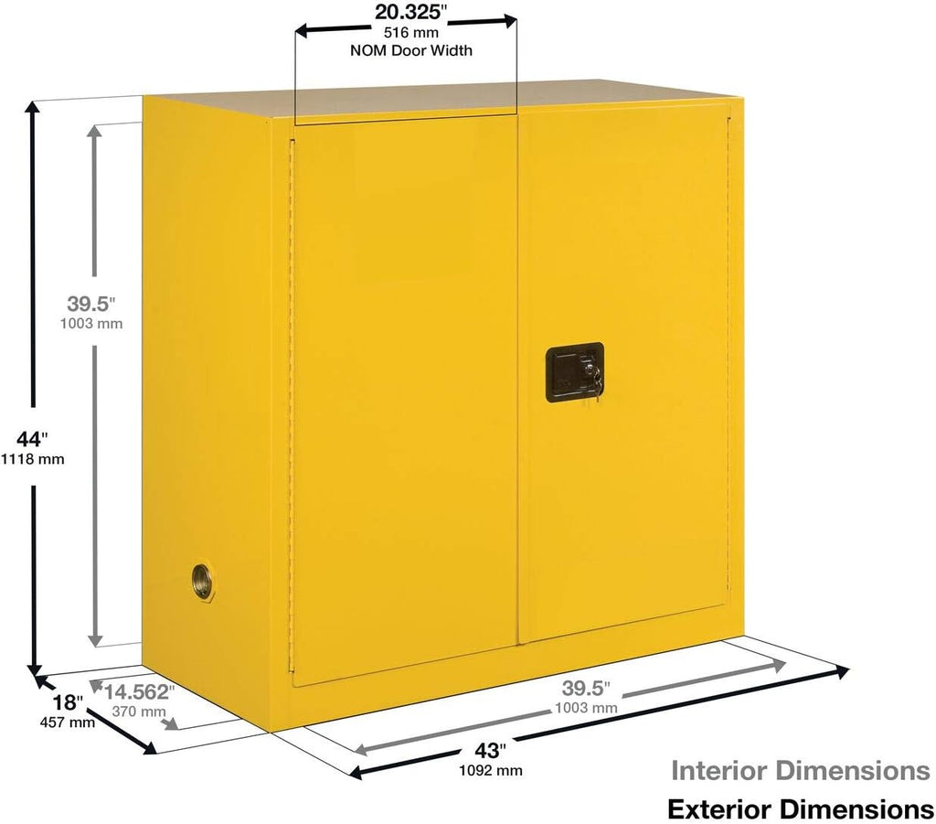 Justrite 30 Gallon Manual Close Flammable Storage Cabinet, 18 Gauge Steel, 1 Shelf, 2 Door Fire Cabinet, 44' x 43' x 18', Made in The USA, Yellow, 893000