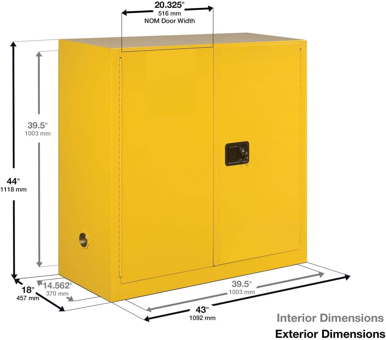 Justrite 30 Gallon Manual Close Flammable Storage Cabinet, 18 Gauge Steel, 1 Shelf, 2 Door Fire Cabinet, 44' x 43' x 18', Made in The USA, Yellow, 893000