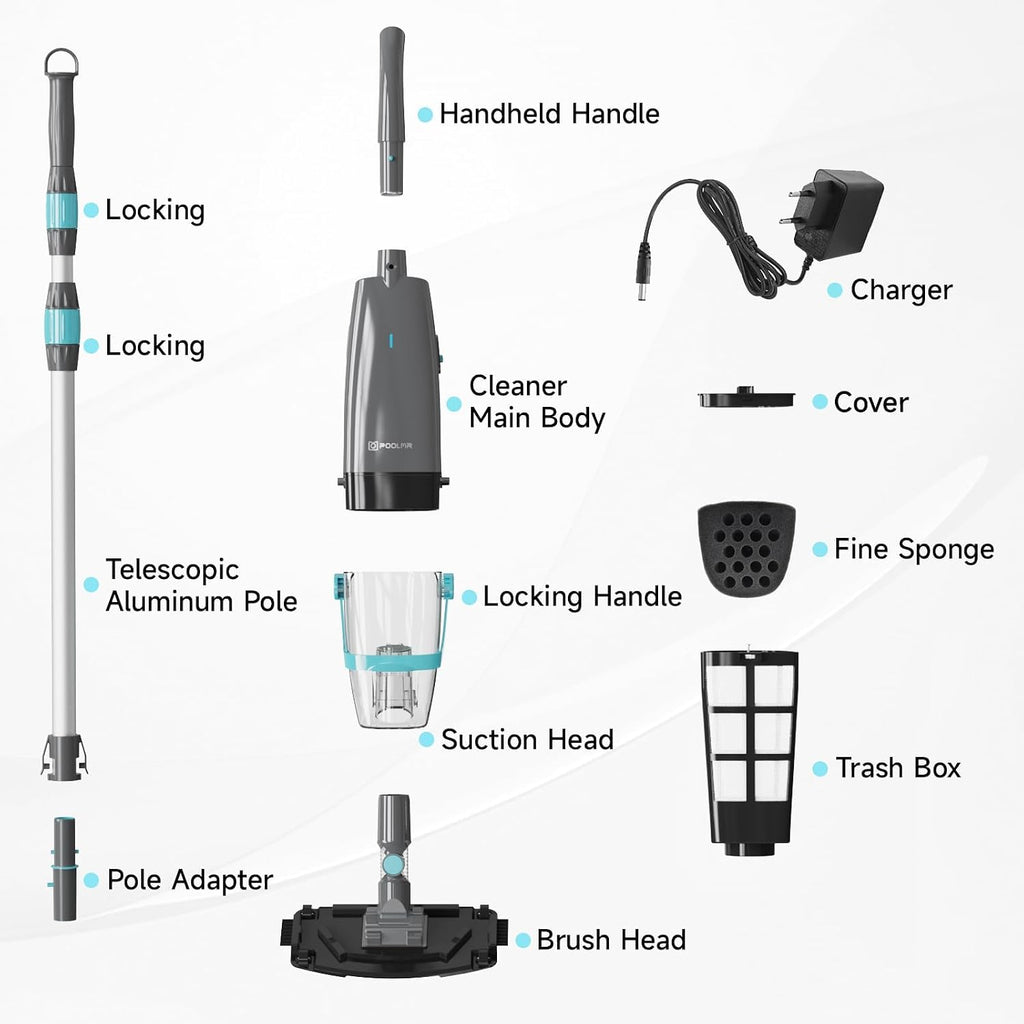 PoolMr Cordless Handheld Pool Vacuum, Rechargeable Pool Cleaner with 18.5 Gal/Min Suction, 60 Min Runtime, Dual-Phase Cleaning System, for Above Ground Pools, Spas, Hot Tubs,Black(New Version)