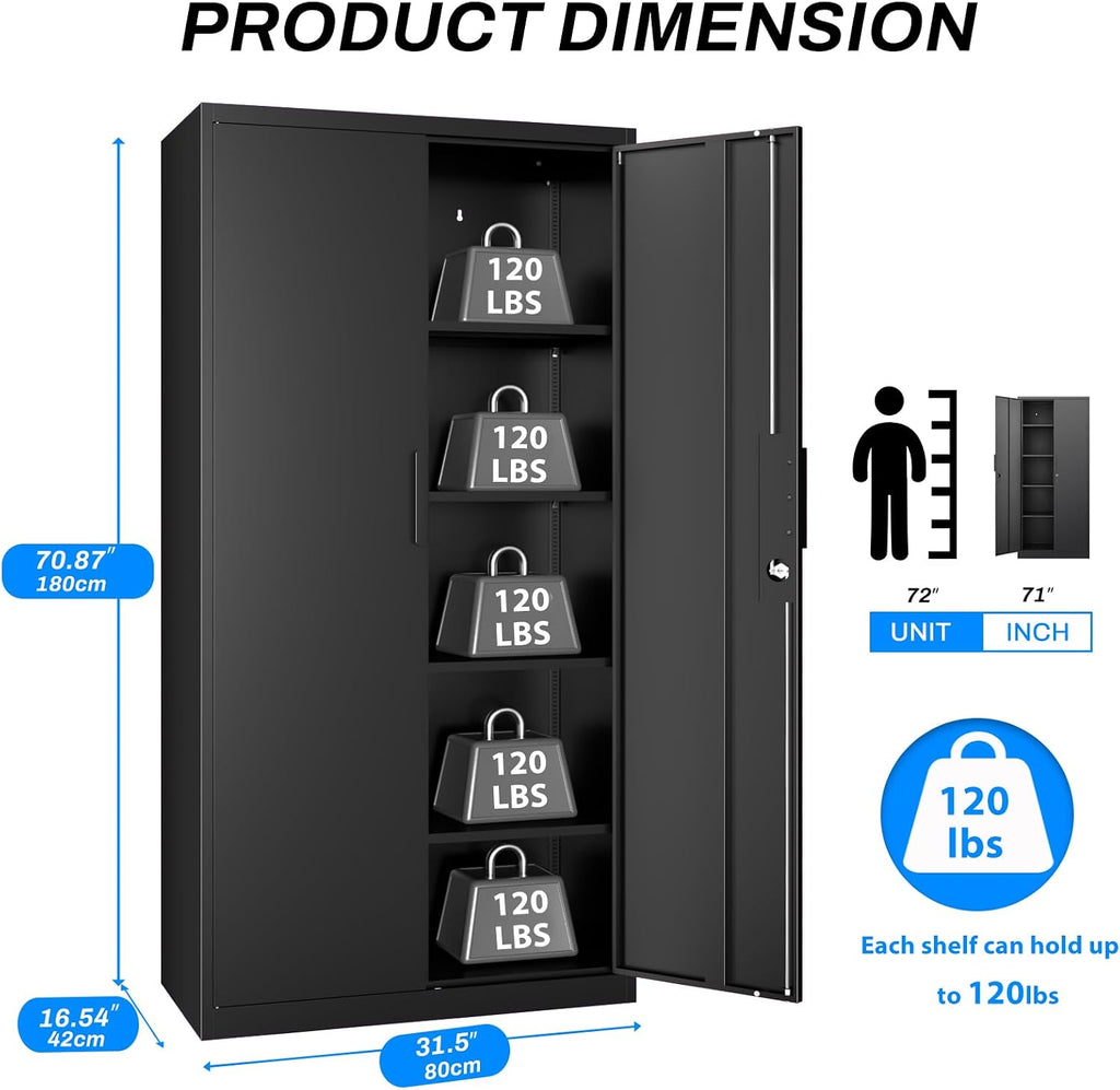 Metal Garage Storage Cabinet with Lock, 71' Tall Steel Storage Locker with 4 Adjustable Shelves, Heavy Duty Metal Cabinet for Garage, Office, Home, 31.5'W × 16.5'D, Black