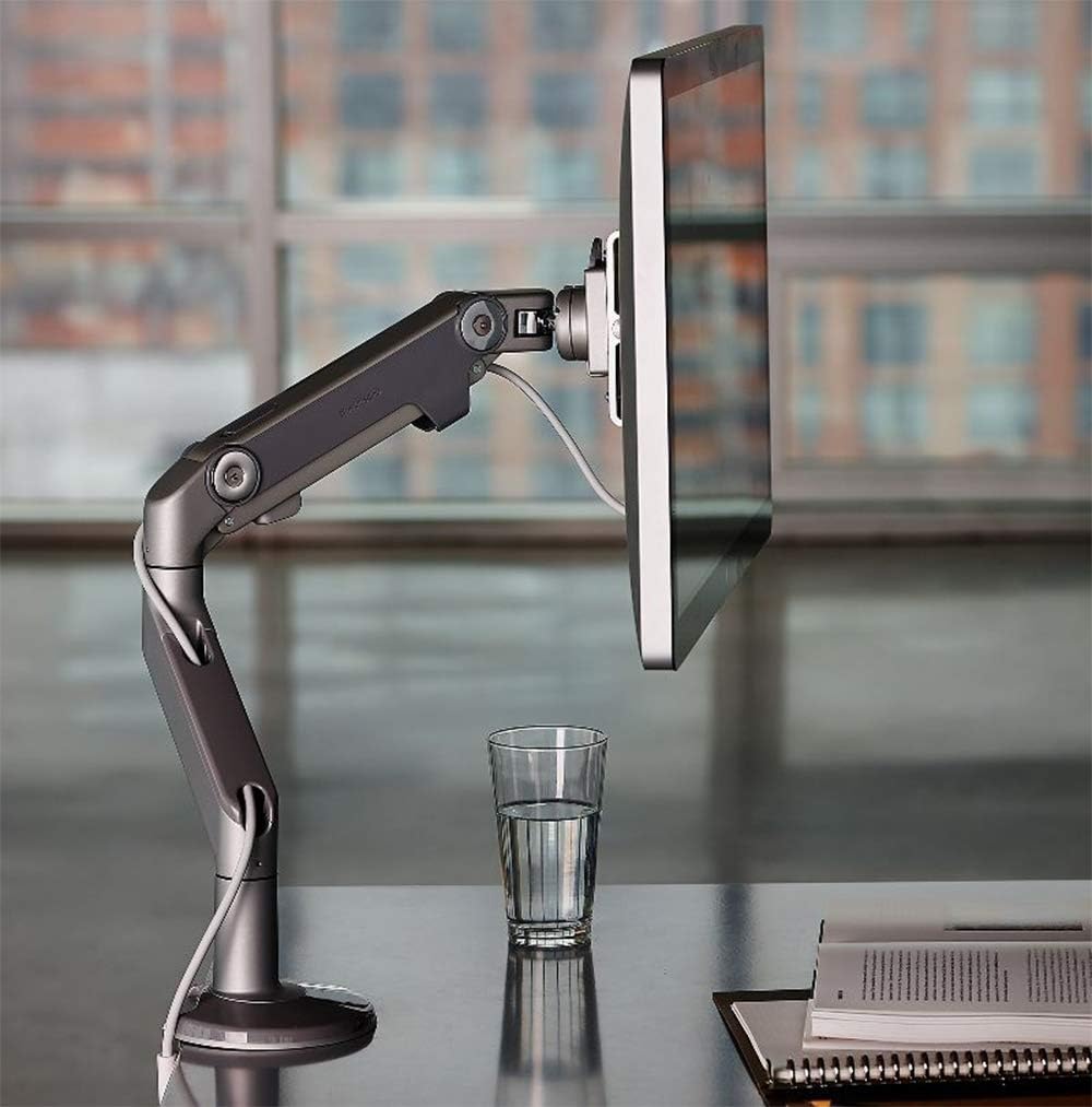 Humanscale M8 Adjustable Articulating Monitor Arm - Bolt Through Mount with Base - Polished Aluminum with White Trim
