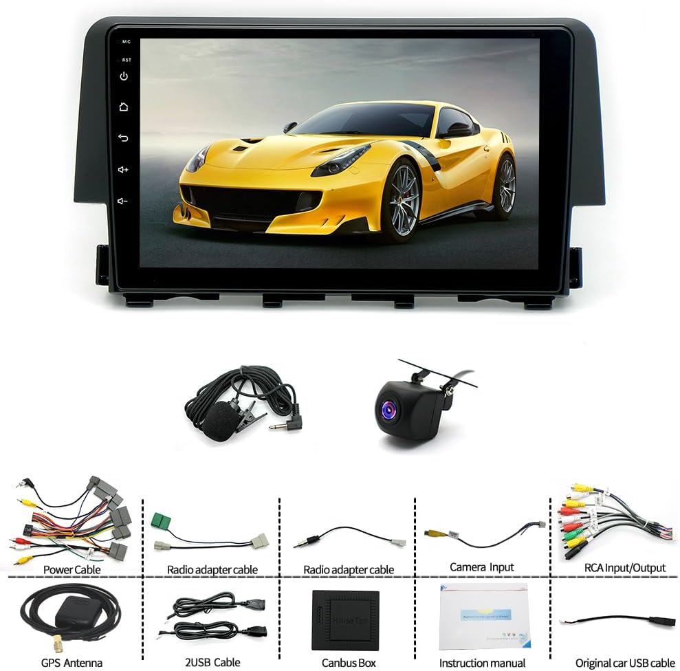 4+64G Radio for Honda Civic 2016 2017 2018 2019 2020 with Wireless Apple Carplay Android Auto, 9'' Touch Screen for Civic Stereo Bluetooth, FM, GPS Navi, WiFi, SWC, Mic, AHD Backup Camera