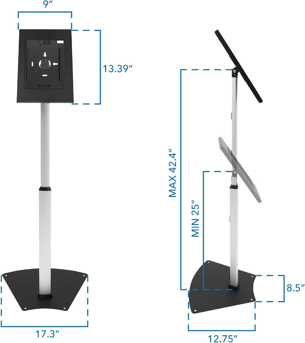 Mount-It! Anti-Theft iPad Floor Stand Kiosk, Height Adjustable 25'–42.5', Locking Enclosure with +/-90° Tilt, 75x75 VESA, Freestanding or Bolt-Down Steel Stand for Retail & Business