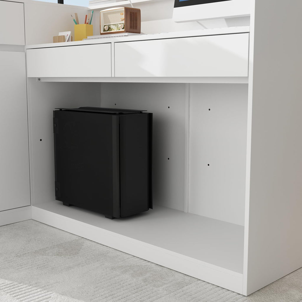 ECACAD 70.9' Large L-Shaped Reception Desk with 3 Drawers, 15 Open Shelves, Counter Top & Monitor Stand, Office Desk Reception Counter Table with File Cabinet, White