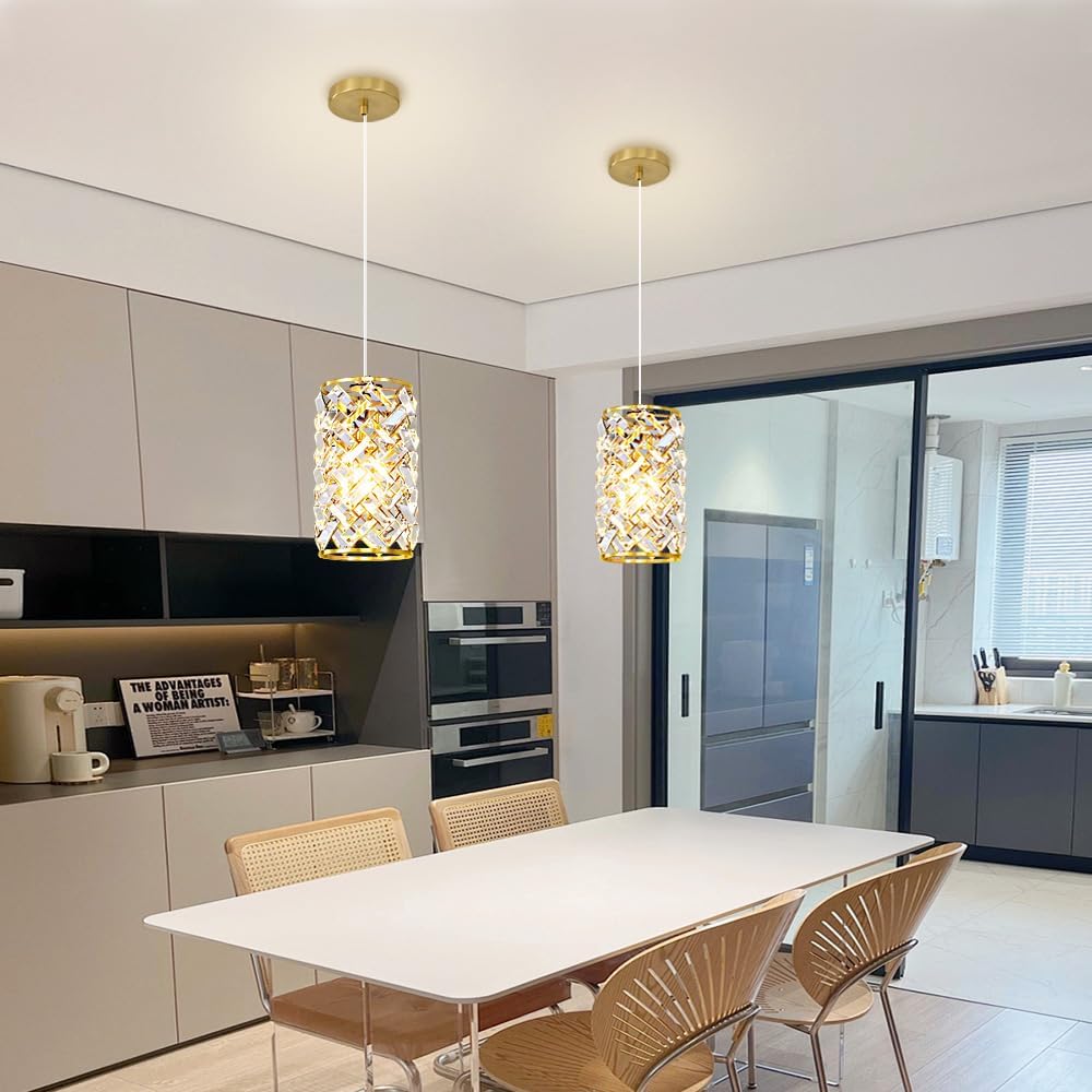 Gold Pendant Lights Kitchen Island, Mini Crystal Modern Kitchen Pendant Lighting Over Sink with 10.2' Clear Glass Shade Chandeliers, Adjustable Pendant Light Fixture for Dinning Room Bedroom Entryway
