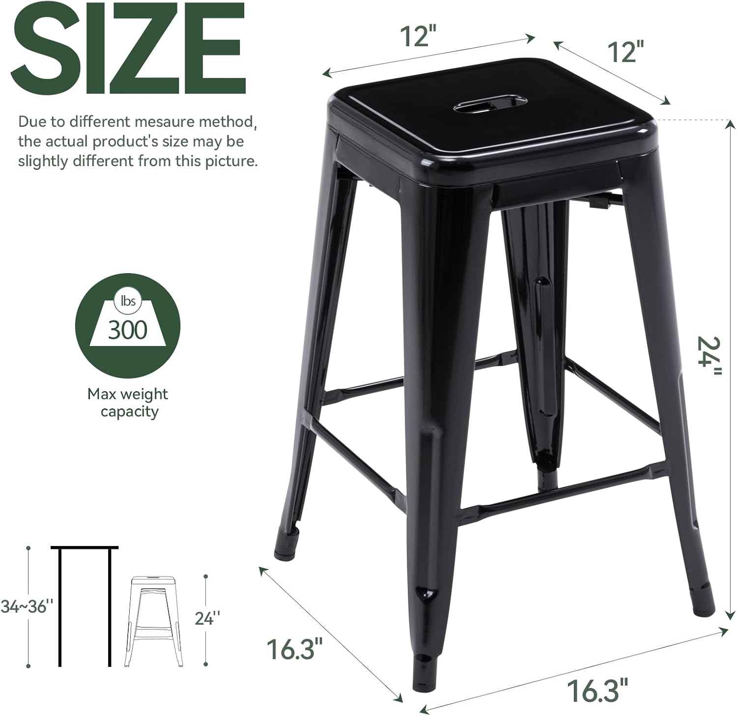 Vogue Furniture Direct 24 Inch Metal Bar Stools, Backless Counter Height Barstools, Indoor Outdoor Stackable Stools with Square Seat, Set of 4 (Black)
