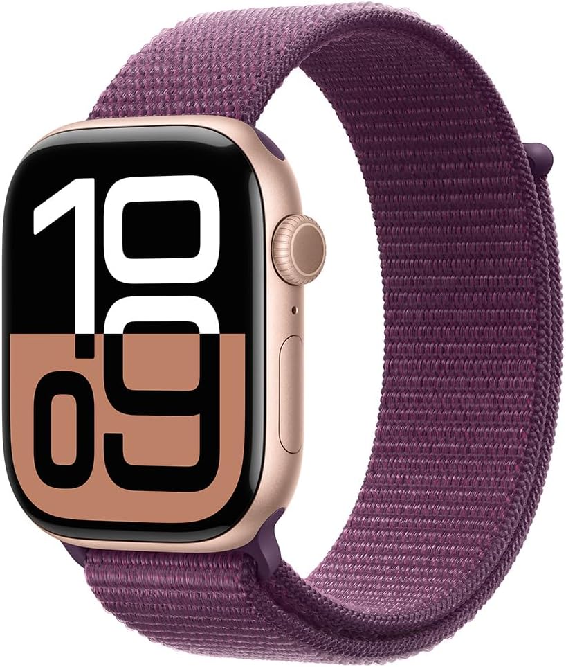 Apple Watch Series 10 [GPS, 46mm] - Rose Gold Aluminum Case with Plum Sport Loop, One Size (Renewed)