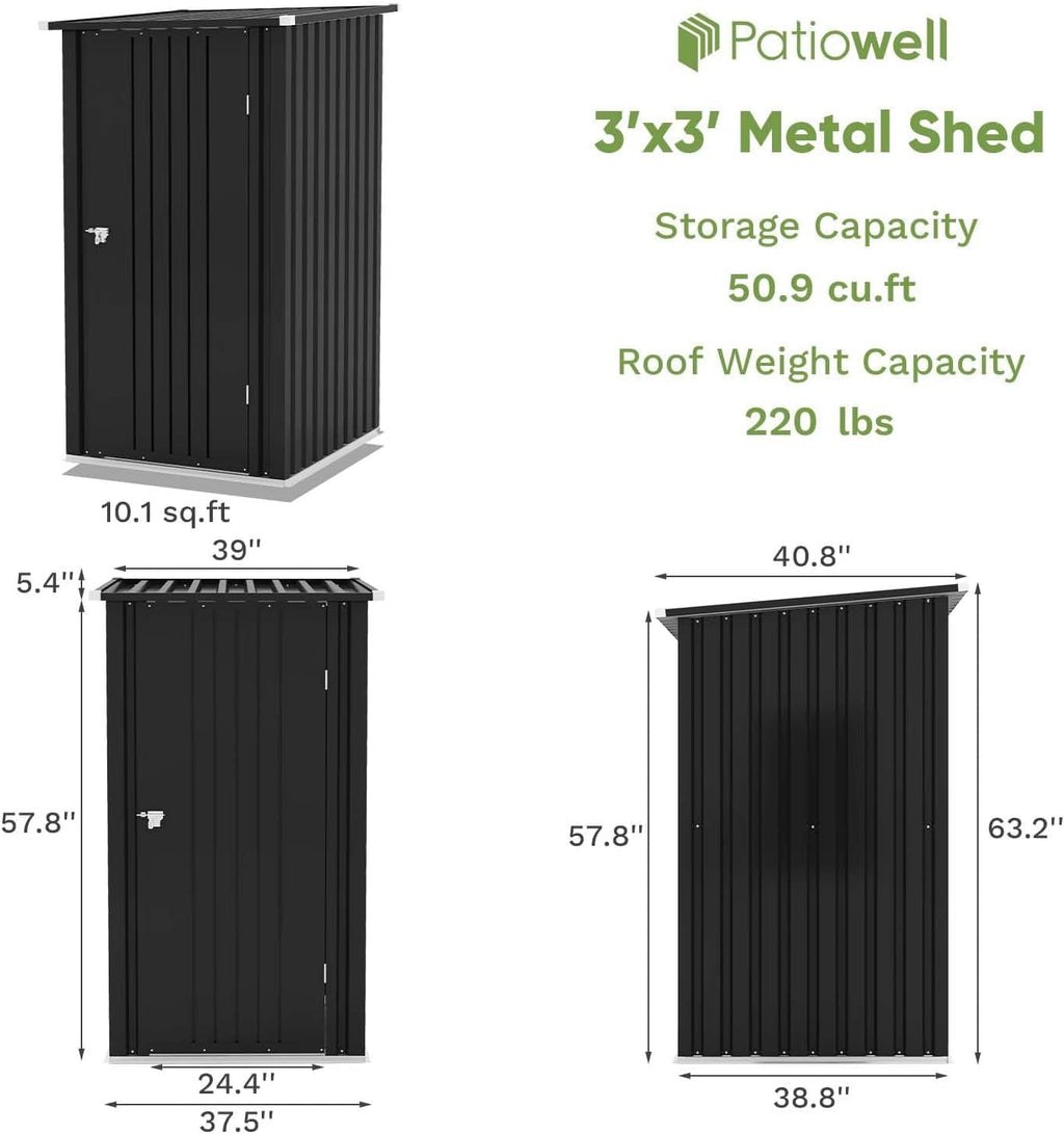Patiowell 3x3 FT Storage Shed, Outdoor Metal Small Sheds with Lockable Door and Sloping Roof, Waterproof Outside Utility Garden Tool Shed for Patio Lawn Backyard, Black