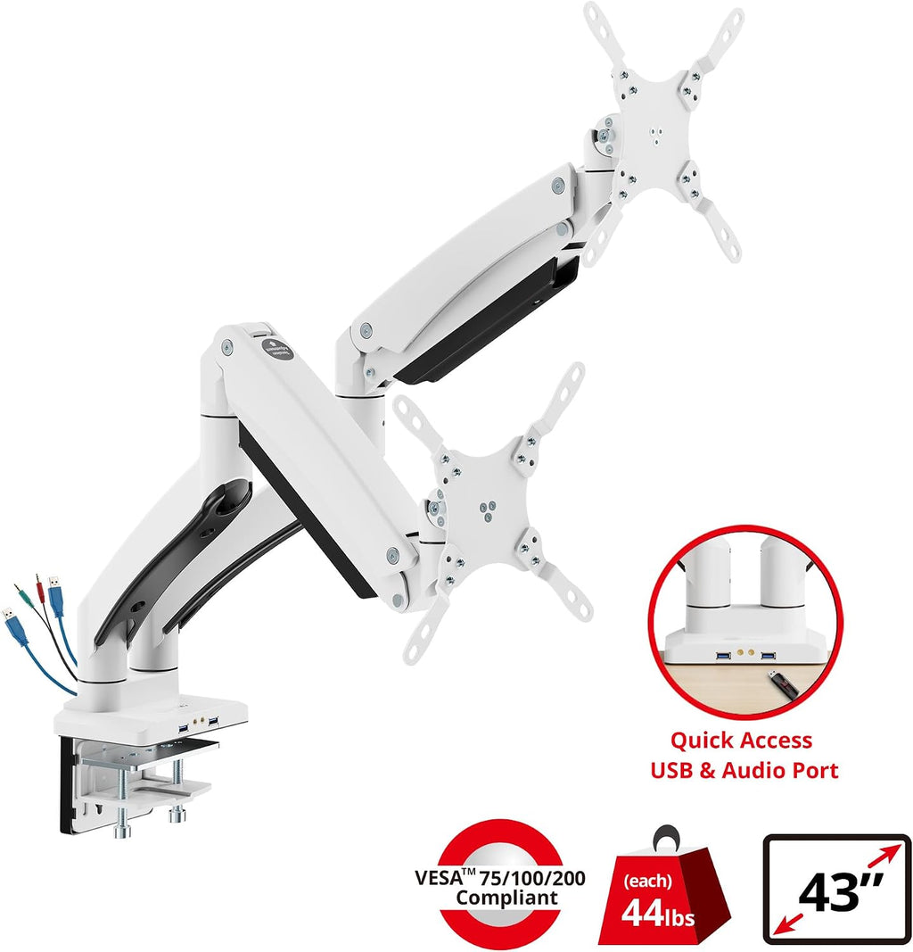 SIIG Dual Monitor Desk Mount, 17' to 35', USB 3.0 and Audio Extend Ports, Fits Two Flat/Curved Monitors, Load Bearing 33 lbs max Each, VESA 75x75 100x100, C-Clamp and Grommet Base (CE-MT3211-S1)