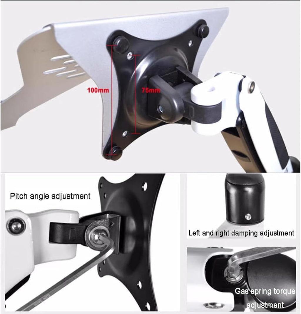 Laptop Wall Mount, Adjustable Laptop Holder, Vented Cooling Platform, with Pneumatic Extended Arm - Height Adjustable, Holds Up to 7KG, Fits 10 to 17 Inch Screen, White