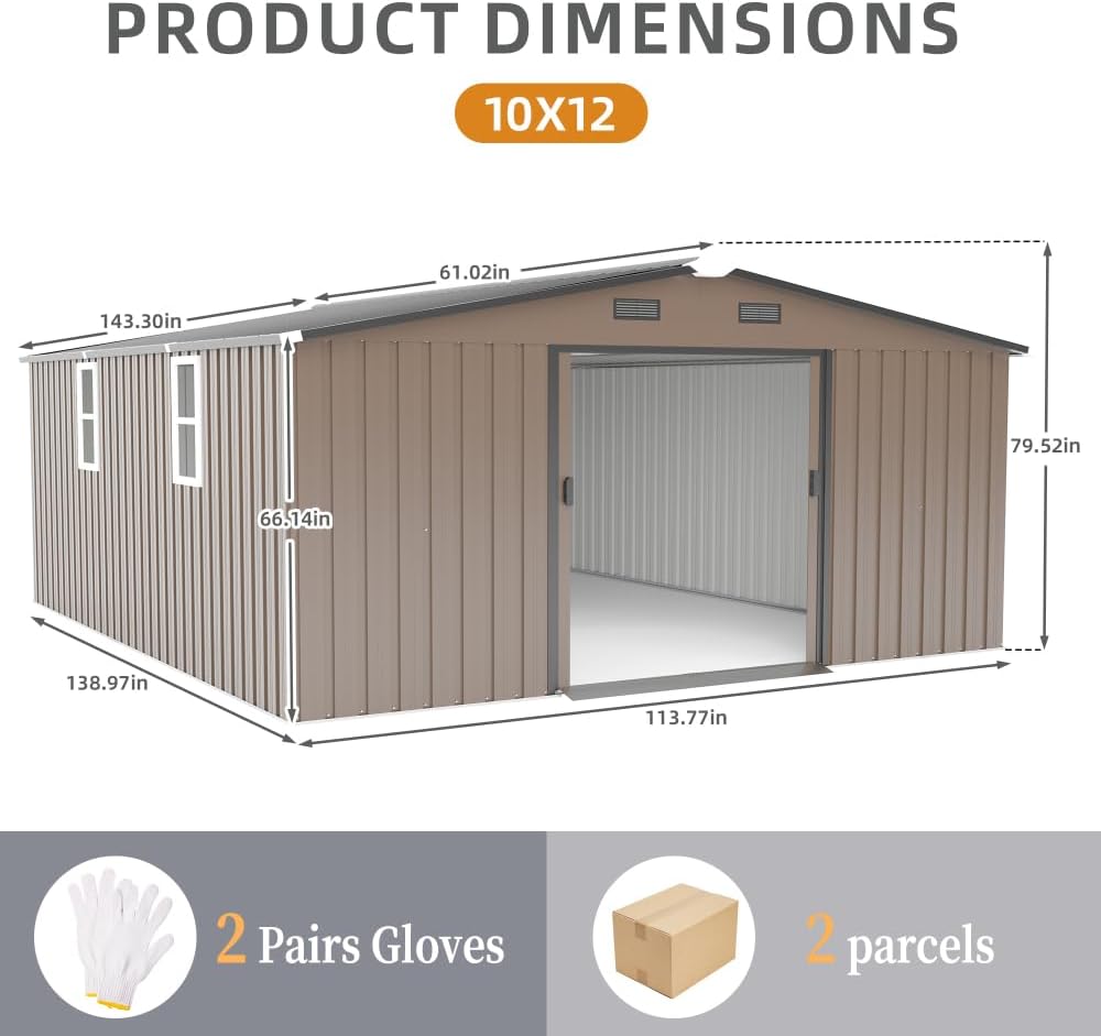 10x12 FT Outdoor Storage Shed with Floor Included and Two Daylight Windows, Large Metal Garden Shed for Backyard Organization (Brown)