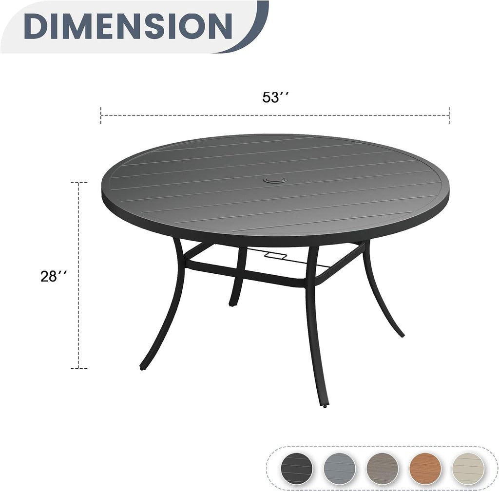 VICLLAX 53' Round Patio Dining Table for 6-8, Metal Outdoor Dining Table with Umbrella Hole for Garden, Patio, Balcony, Black