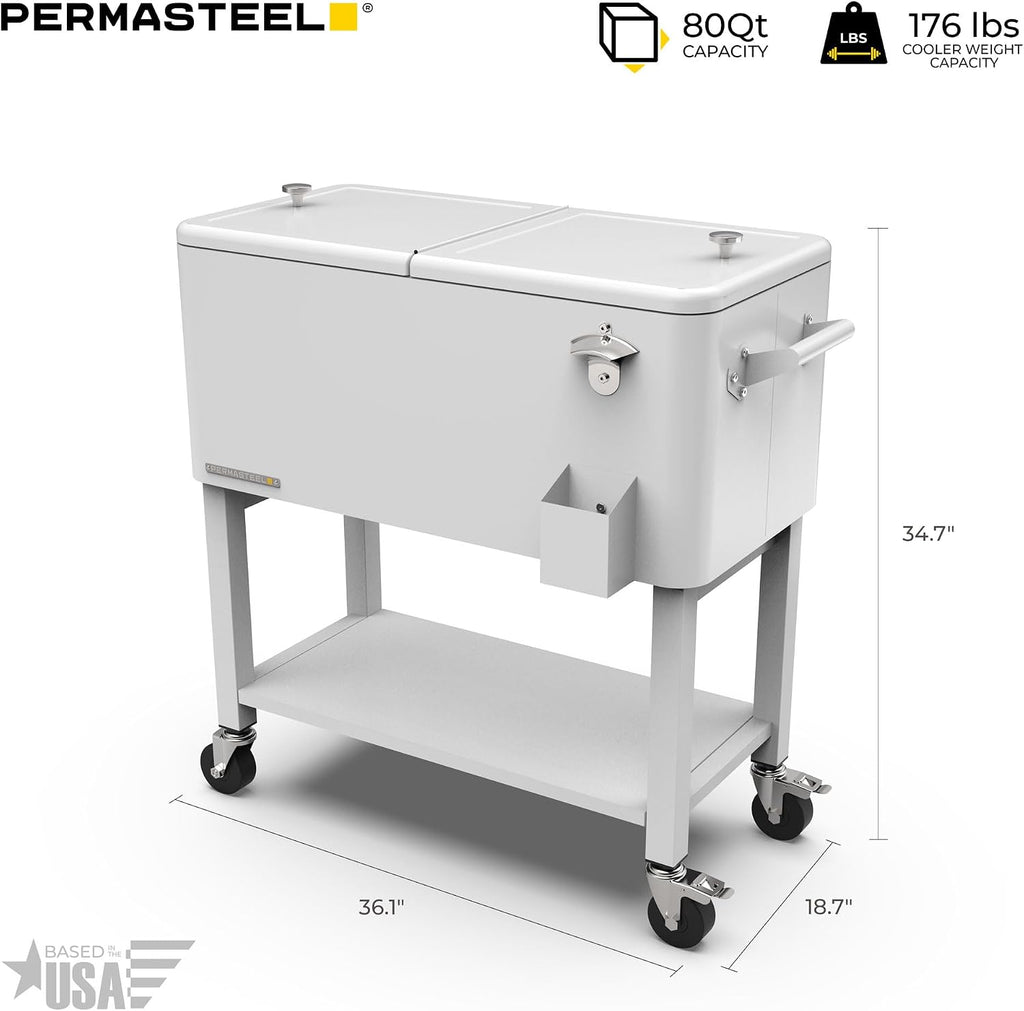 Permasteel Party Cooler with Divider, Removable Basin, Spacious 80-Qt Capacity, Chills 36hrs, Serving Tray, Rolling Ice Chest for Indoor & Outdoor