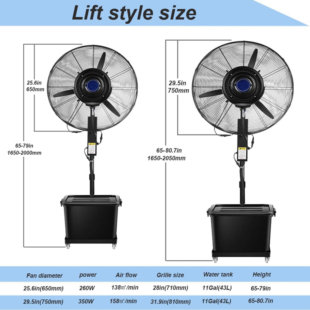 25.6in Outdoor Misting Pedestal Fan, Industrial Cooling Spray Fan, Portable 4 Wheels Adjustable Height, 3 Speeds,120° Oscillation, 11 Gal Bucket, powerful(25.6in)