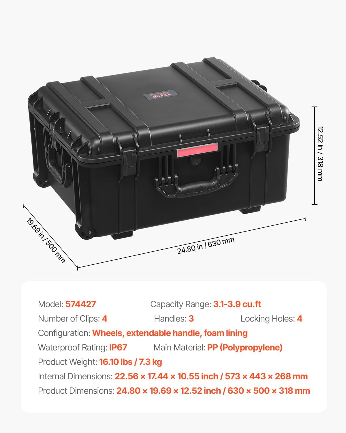 VEVOR Weatherproof Hard Case, Heavy Duty Protective Dry Box Case with Pre-Cut Foam, Wheel Retractable Pull Handles for Travel, Hunt, Military, Tactical, IP67 Waterproof Case for Camera(24.8*19.7*12.5)