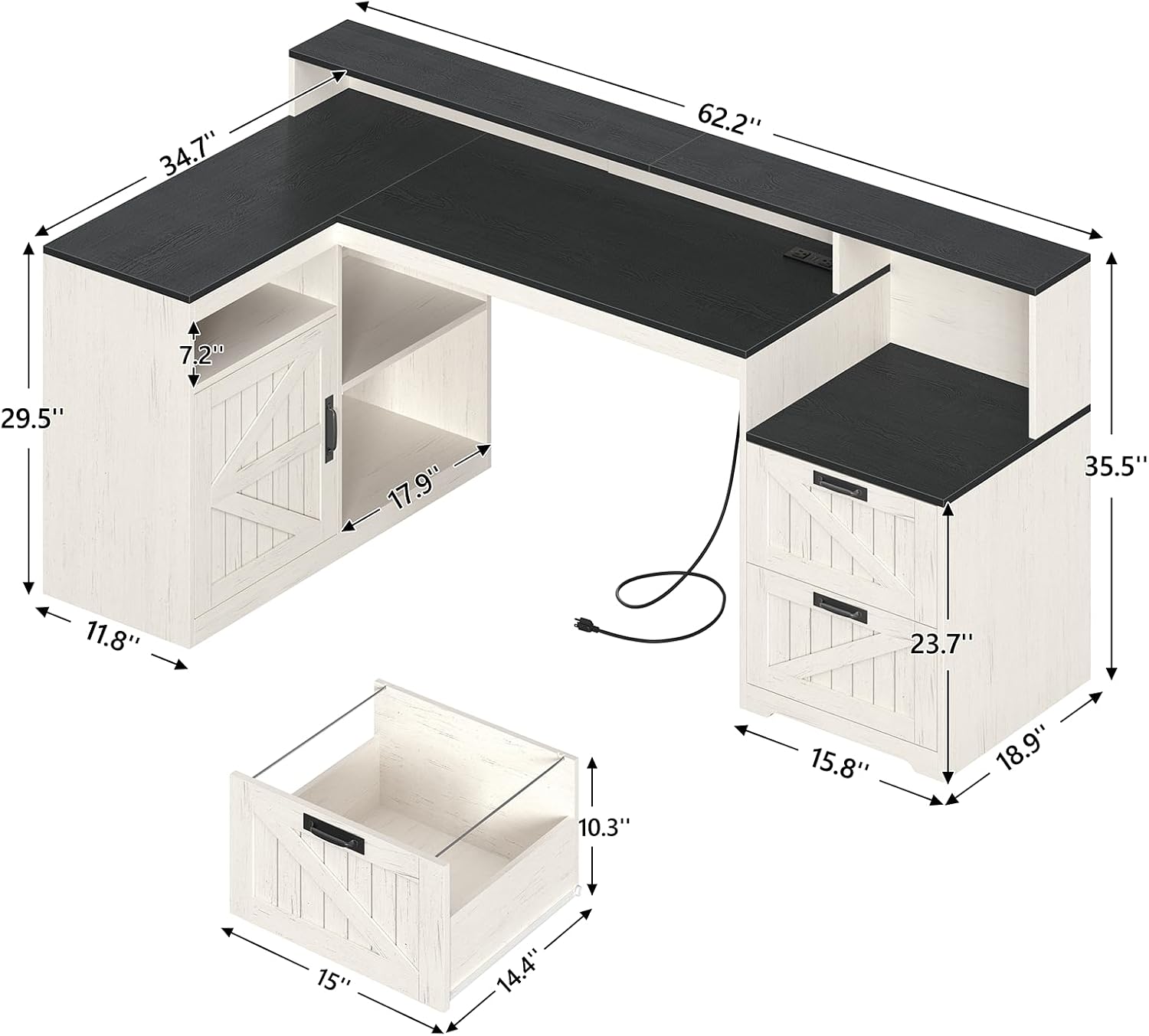 TVU Farmhouse L Shaped Desk with Drawers, 62.2' Home Office Desk with Storage Shelves and Power Outlet, L Shaped Computer Desk with Monitor Stand and Printer Shelf, Black and White