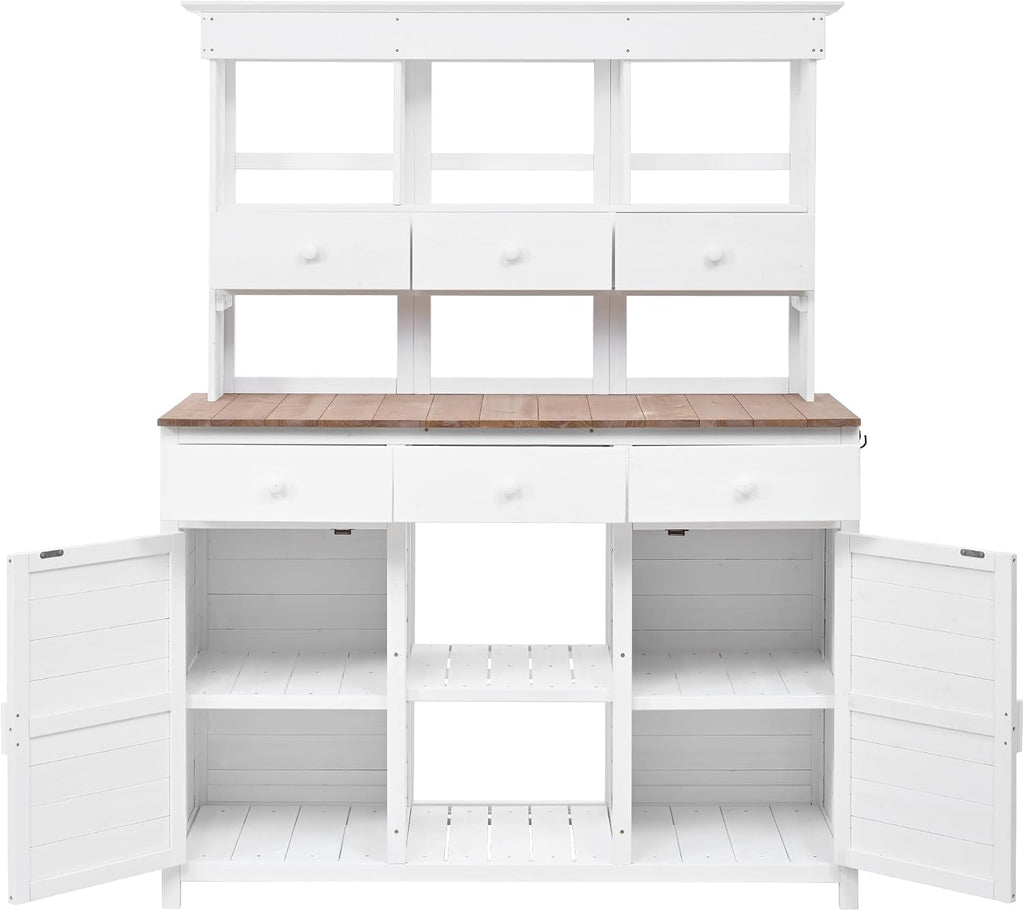 JIVOIT Outdoor Wood Workstation Table, 65.7'' H Tall Garden Potting Bench Table with Hutch, 3 Shelves, 6 Drawers, 2 Bottom Cabinets & Side Hooks, Patio Storage Workstation for Mudroom, Doorway