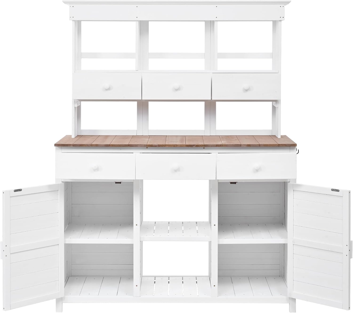 JIVOIT Outdoor Wood Workstation Table, 65.7'' H Tall Garden Potting Bench Table with Hutch, 3 Shelves, 6 Drawers, 2 Bottom Cabinets & Side Hooks, Patio Storage Workstation for Mudroom, Doorway
