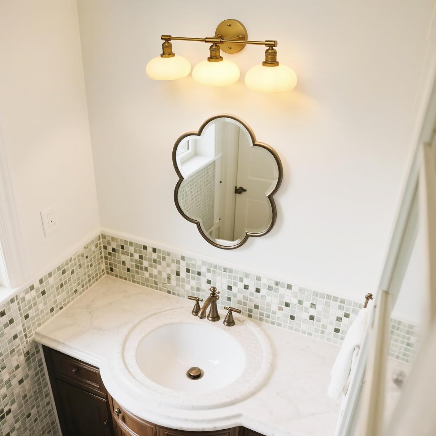 Pathson 3-Lights Milky Bathroom Wall Sconces, Hardwired Triple Head Glass Wall Vanity Light Fixtures, Vintage Wall Lamps Home Decor for Mirror Living Room, E26 Bulb Base