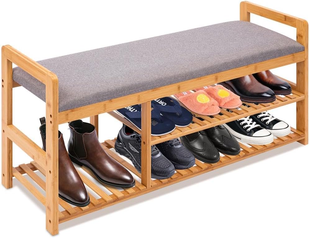 SereneLife 2 in 1 Bamboo Shoe Rack Bench with Storage and Cushion Seat, 3 Tier Small Organizer Wooden Furniture, for Entryway, Hallway, Living Room, Bathroom, Garage, Bedroom, Indoor and Outdoor Use