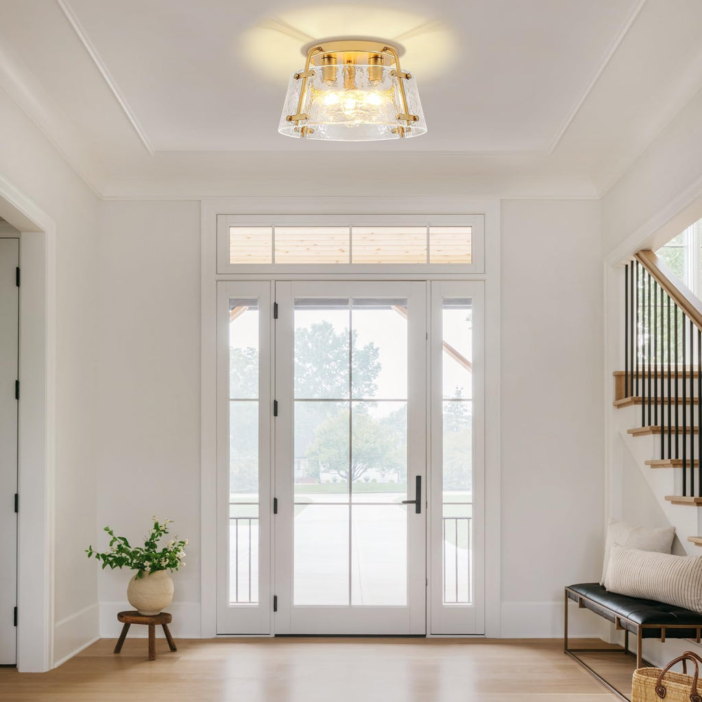 Gold Semi Flush Mount Ceiling Light, Modern Hallway Light Fixtures with Thick Hammered Glass, 3-Light Kitchen Ceiling Lights for Entryway Bedroom Foyer Laundry Bathroom Dining Room
