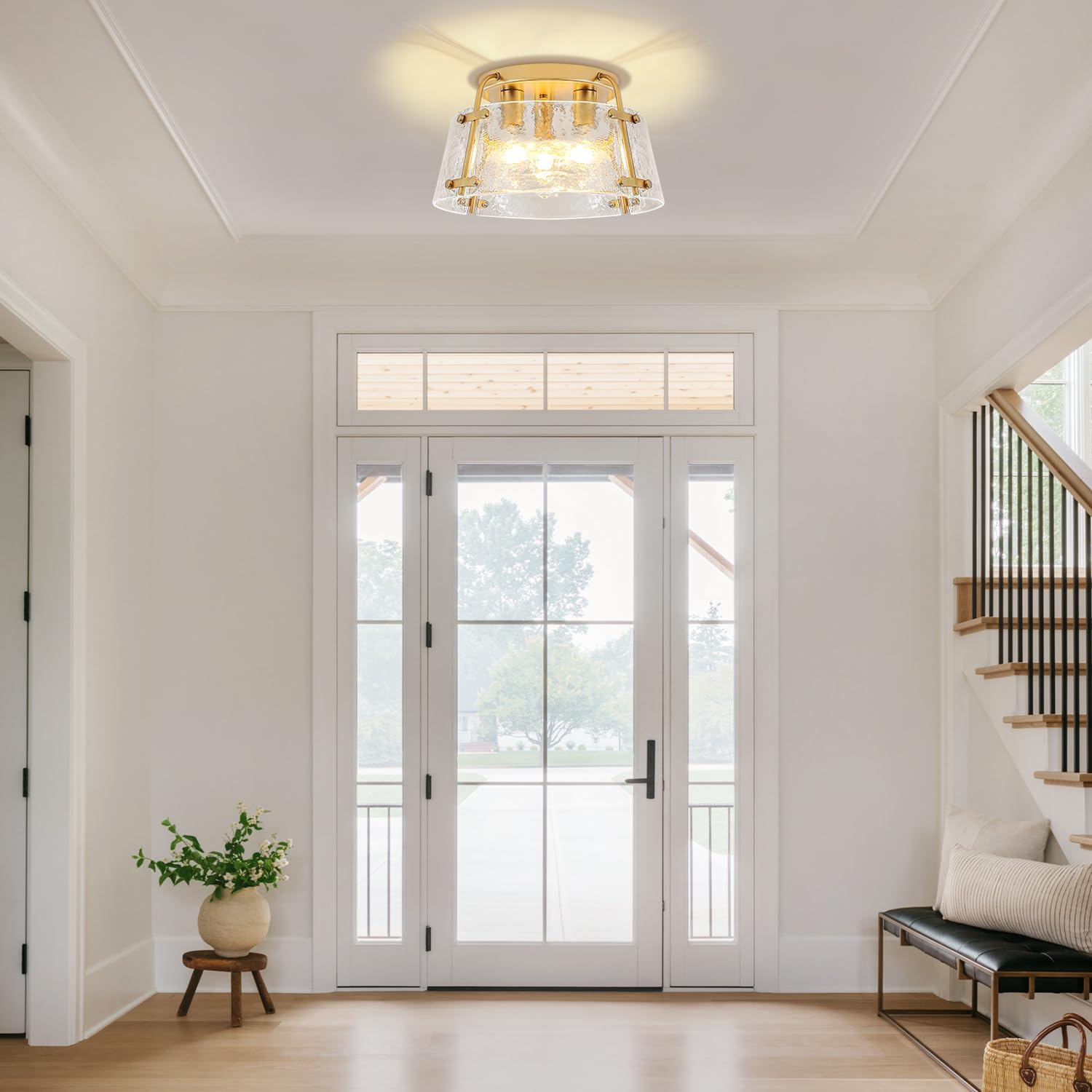 Gold Semi Flush Mount Ceiling Light, Modern Hallway Light Fixtures with Thick Hammered Glass, 3-Light Kitchen Ceiling Lights for Entryway Bedroom Foyer Laundry Bathroom Dining Room