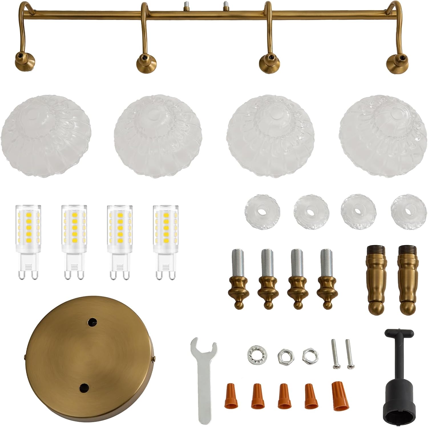 LOUSACE 4-Light Gold Vintage Bathroom Vanity Lights, Antique Brass Bathroom Lighting Fixture Over Mirror with Crystal Glass Shade, Retro Brass Vanity Lighting Fixtures Wall Sconce for Bathroom Bedroom
