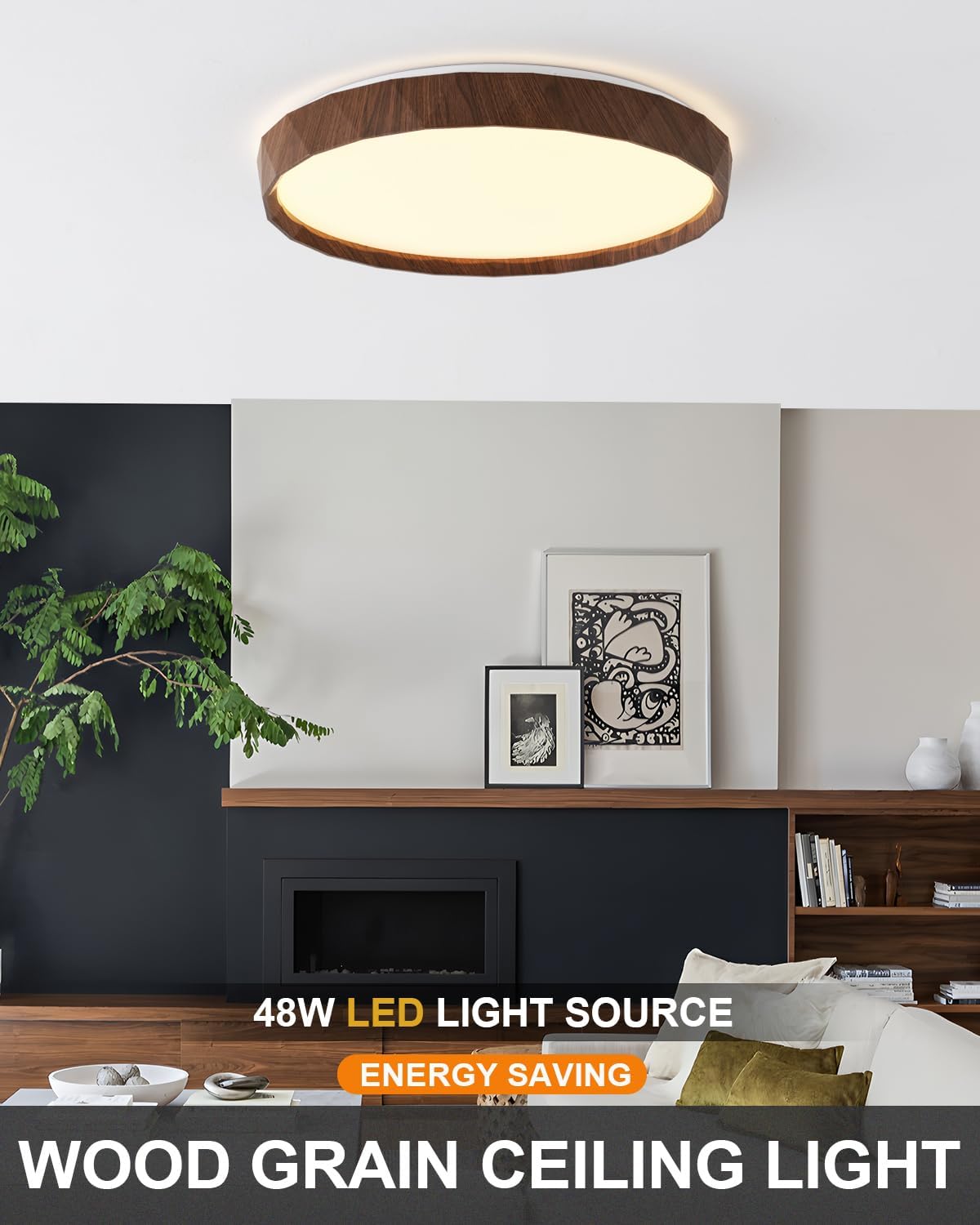 ANYLOVE 19 inch LED Flush Mount Ceiling Light Fixture,3000K 4000K 5000K Adjustable Ceiling Lights, Farmhouse Walnut Wood Grain Ceiling Light for Bedroom Hallway Bathroom Kitchen