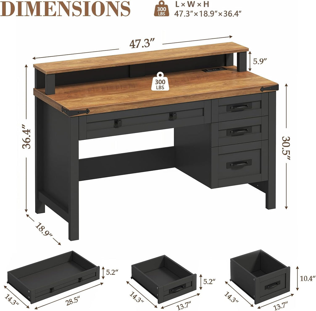 YOMILUVE Farmhouse Computer Desk with Drawers, 47' Small Computer Desk with Power Outlets, Home Office Desk with Monitor Stand & 4 Drawers, Writing Study Table, Brown and Black