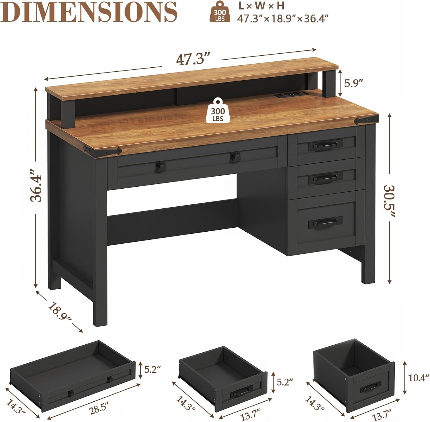 YOMILUVE Farmhouse Computer Desk with Drawers, 47' Small Computer Desk with Power Outlets, Home Office Desk with Monitor Stand & 4 Drawers, Writing Study Table, Brown and Black