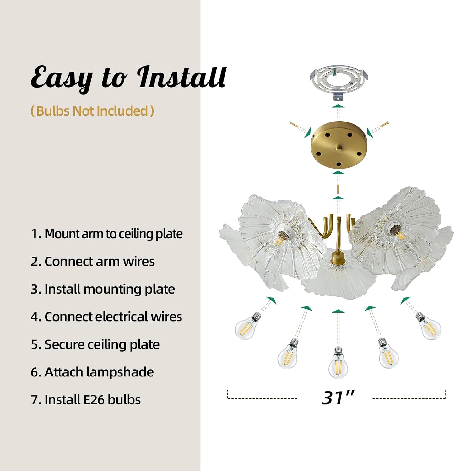 Flower Glass 5 Lights Ceiling Light - Gold Vintage Floral Semi Flush Mount Chandelier Lightin Fixture - Mid Century Modern Art Deco Lamp for Bedroom Bathroom Hallway Hall Laundry Kitchen Dining Room