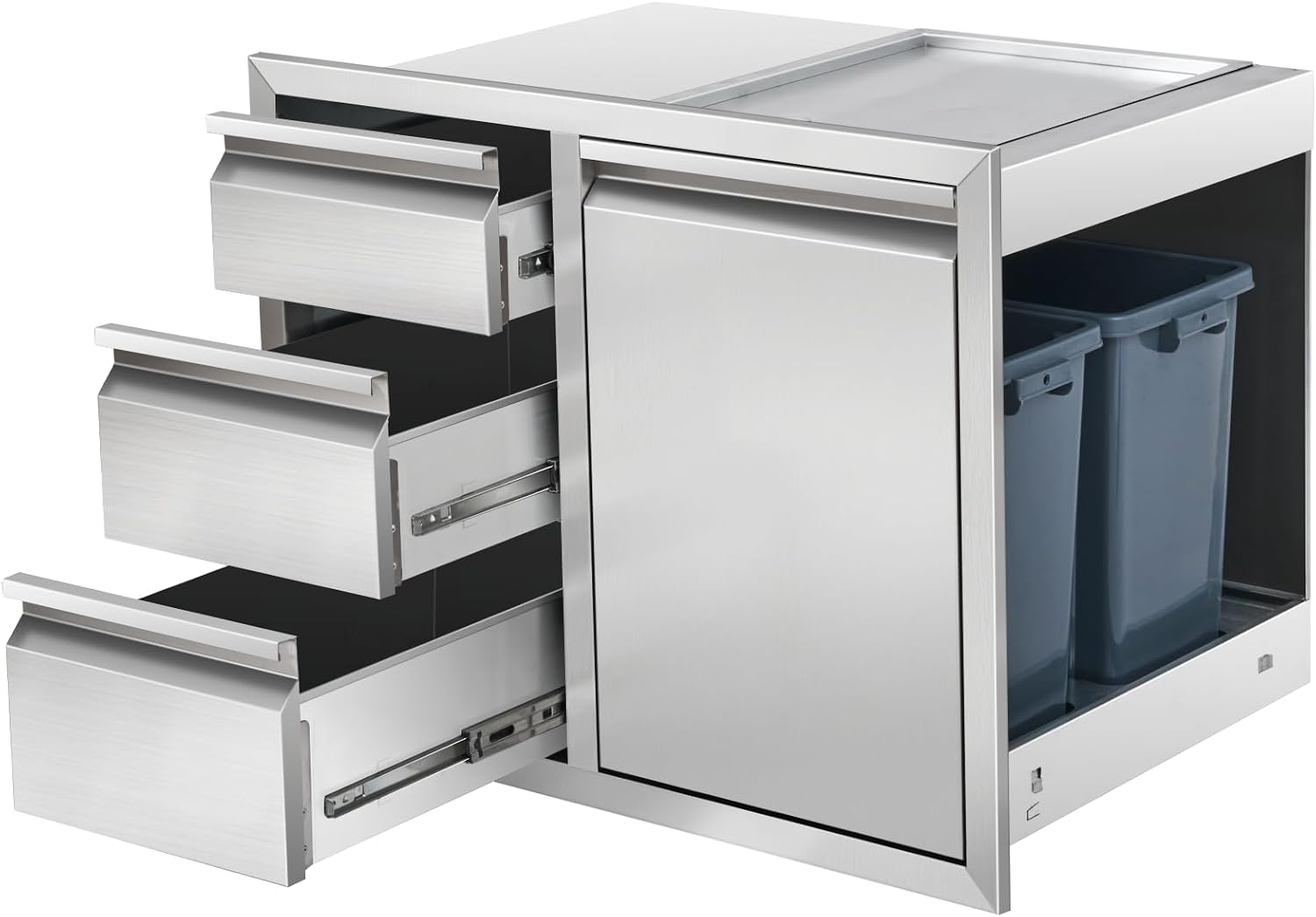 Outdoor Kitchen Drawer Combo Stainless Steel Outdoor Triple Drawers with Trash Bin Compartment & Dual Trash Cans, 28' W x 22' H x 19.5' D Outdoor Kichen Cabinet for Grill Station