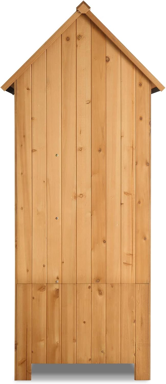 Outvita Outdoor Storage Cabinet, 70in Wooden Vertical Garden Tools Shed, Patio Storage Organizer with Latch & Waterproof Roof for Yard Deck Lawn Equipment, Natural