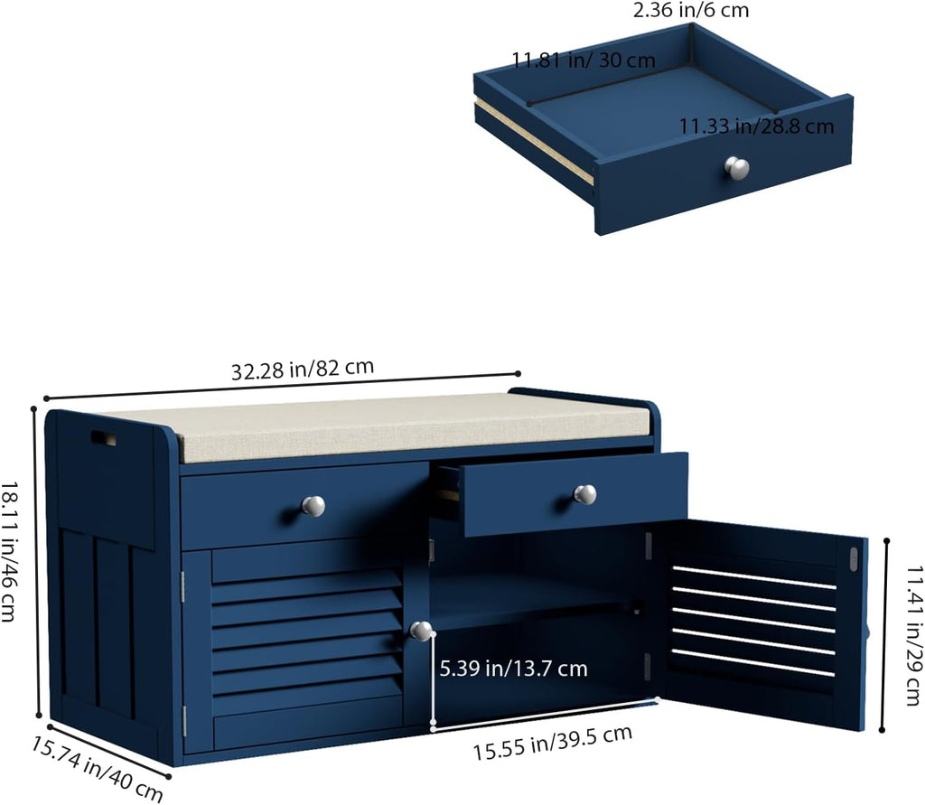 WARMHONIU Shoe Storage Bench with 2 Drawers, Entryway Bench with Cushion, Adjustable Shelves, Shoe Rack Bench with Louvered Doors for Entryway, Bedroom, Hallway, Blue