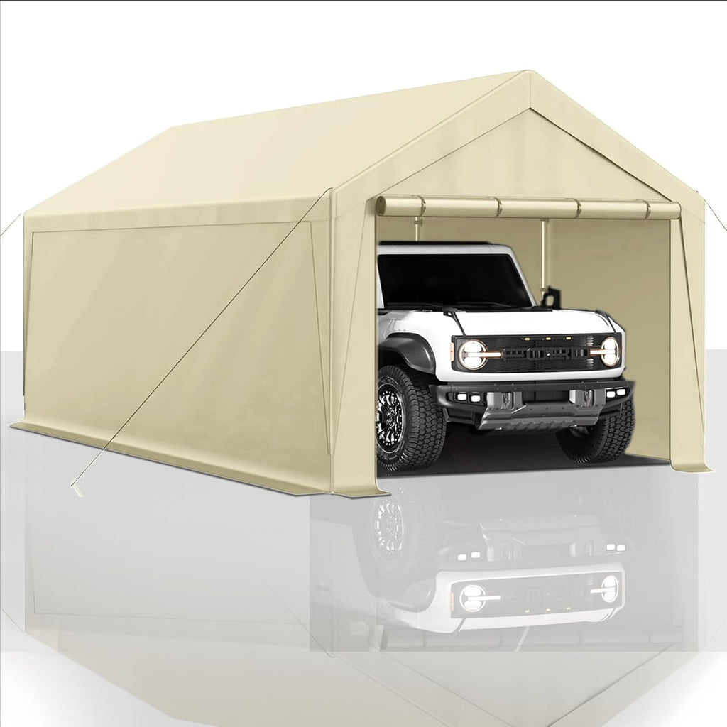 10x20 FT Heavy Duty Carport Car Tent Car Canopy Storage Shed, Portable Garage with Removable Sidewalls & Doors All-Season Tarp for Car,Truck,SUV,Party Beige