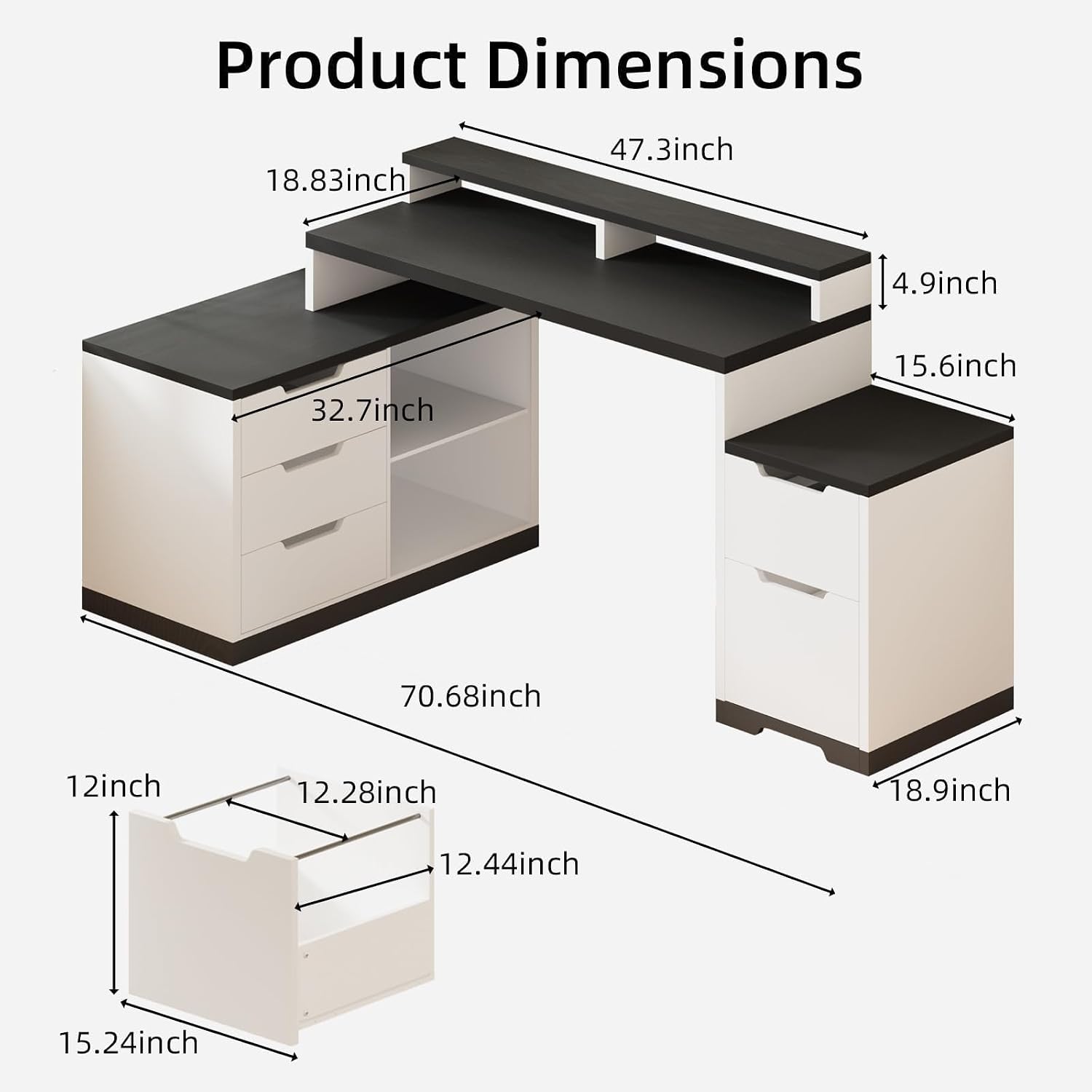 MaverickFurni Modern L Shaped Desk with Drawers, 71 Inch Home Office Desk with File Cabinet and Printer Shelf, Wood Computer Desk with File Drawers and Monitor Stand, White and Black