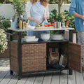 47.2' Grill Cart Outdoor with Wheels, Outdoor Prep Table with Wicker Storage and Rolling Wheels, Kitchen Island Serving Cart with Stainless Steel Table Top for BBQ, Porch, Patio, Brown