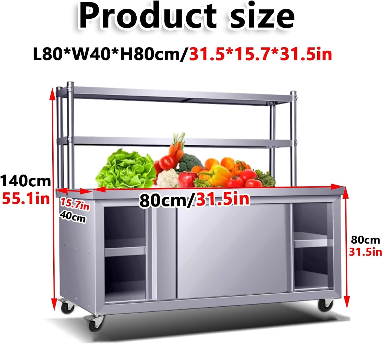 Stainless Steel Work Table Cabinet with 2 Sliding Doors, Commercial Kitchen Prep Table, Heavy Duty Workbench Large Space Storage Cabinet Chopping Metal Table, for Restaurant Home and Hotel(80