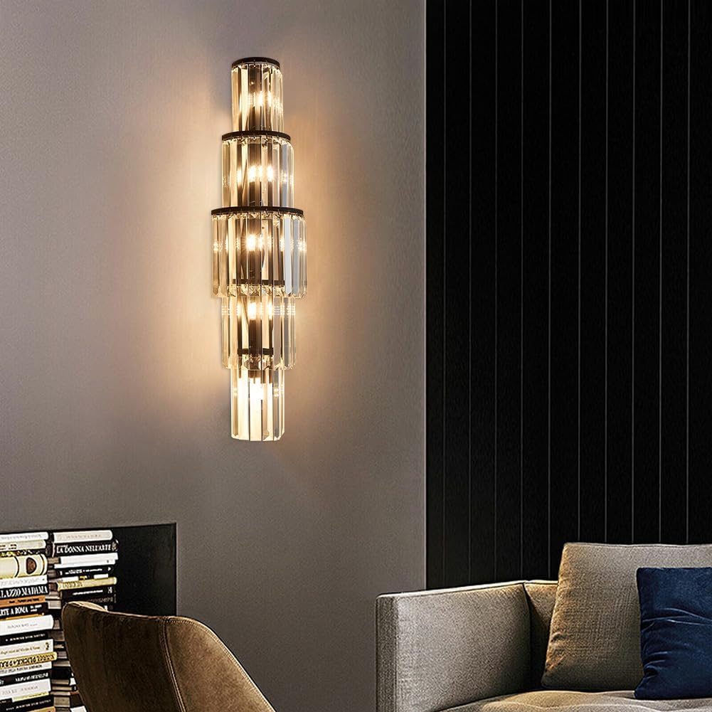 29.5 inch Modern Wall Sconce Crystal Vanity Wall Sconce Lighting 5-Light Black Wall Light Fixtures for Bedroom Living Room Bathroom Hallway