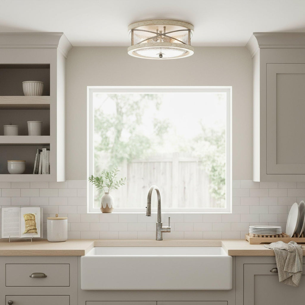 Kira Home Blaylock 13' 2-Light Farmhouse Flush Mount Ceiling Light with Hammered Glass Shade, Modern Hand-Painted Wood Grain Metal Fixture, White Ash Wood and Galvanized Steel Finish