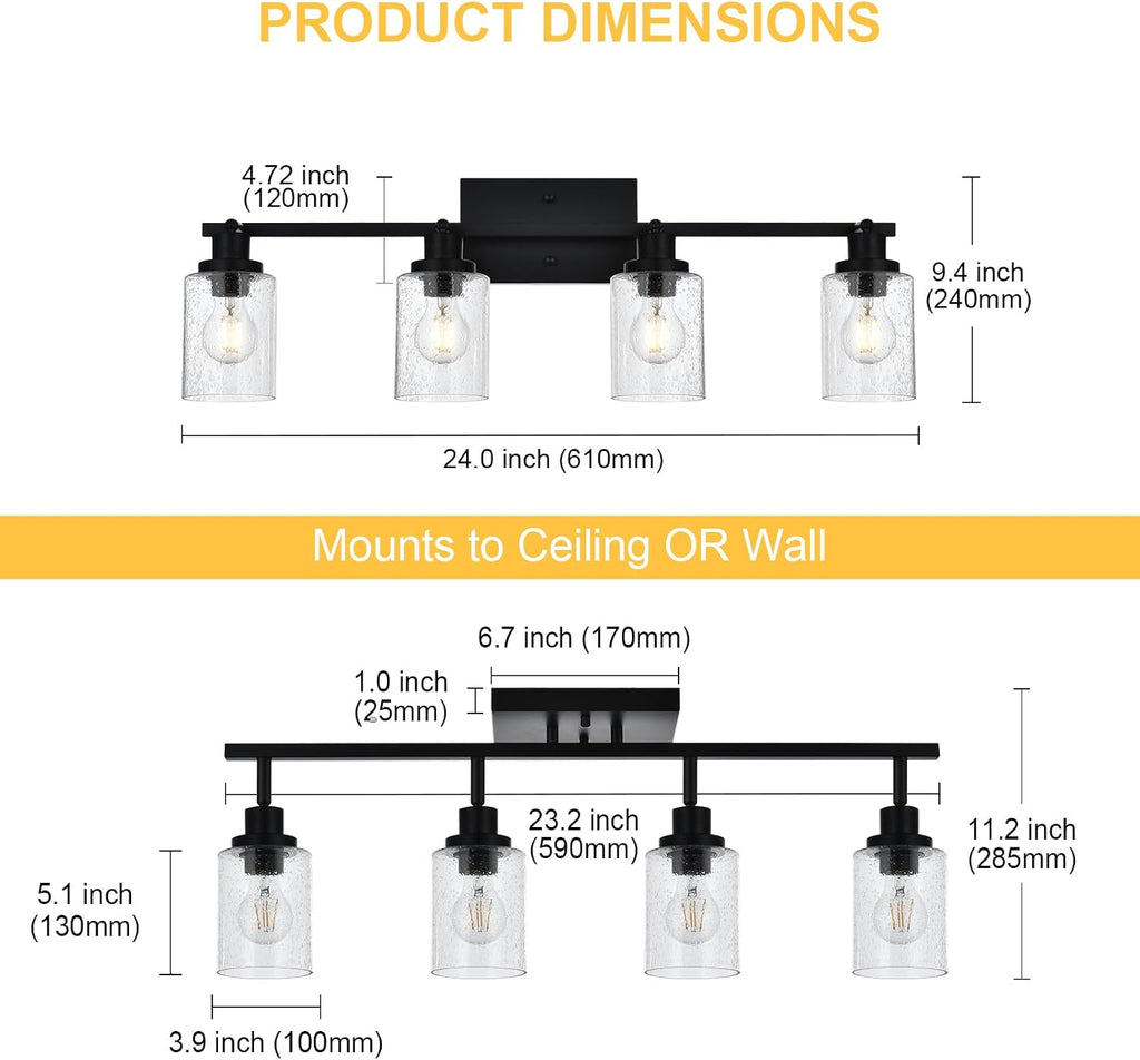4-Light Black Track Lighting Kit Ceiling Mount Kitchen Track Lighting Fixtures, Bathroom Ceiling Tracking Vanity Light with Bubble Seeded Glass Shade & Rotatable Tracking Heads for Accent Shop
