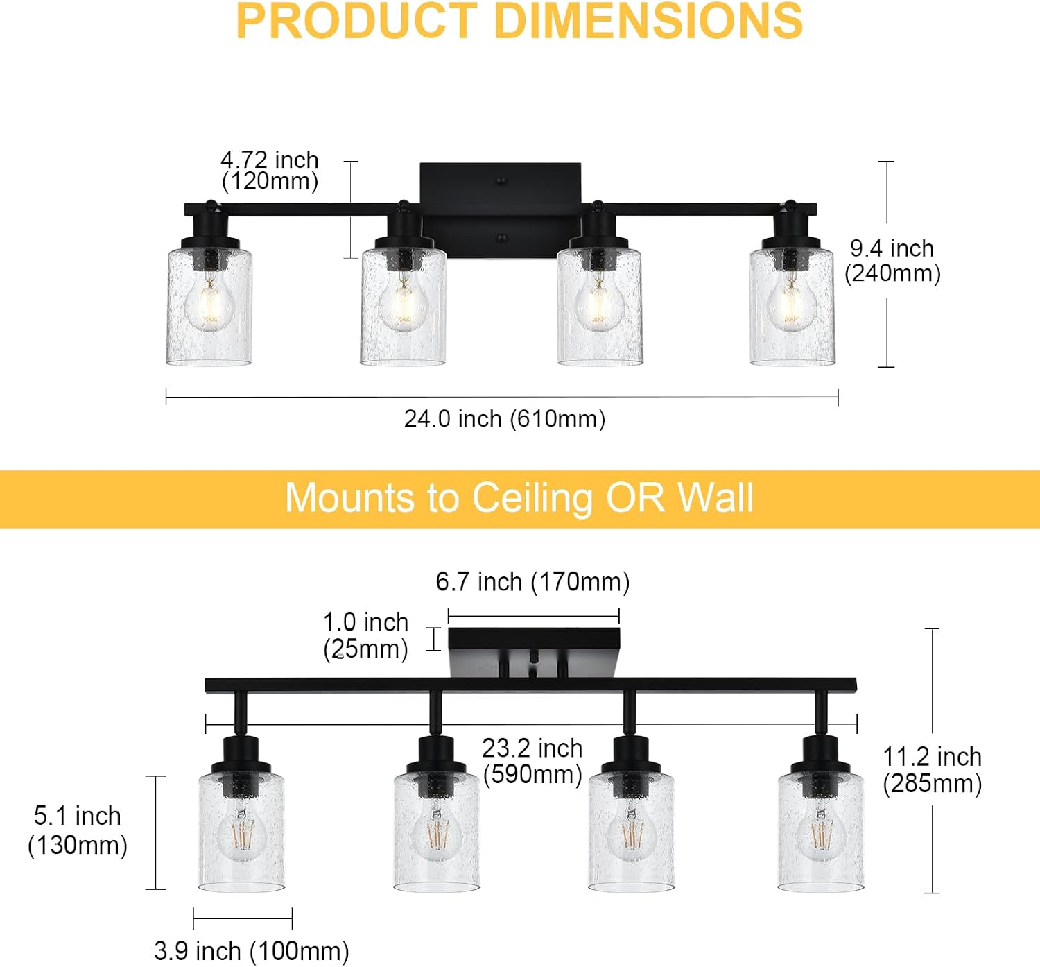 4-Light Black Track Lighting Kit Ceiling Mount Kitchen Track Lighting Fixtures, Bathroom Ceiling Tracking Vanity Light with Bubble Seeded Glass Shade & Rotatable Tracking Heads for Accent Shop