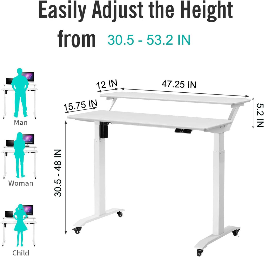 UNICOO Electric Height Adjustable 2-Tier Raising Desk with Wheels, Mobile Standing Desk with Monitor Stand, Ergonomic Adjustable Computer Table, Electric Standing Game Table for Home Office